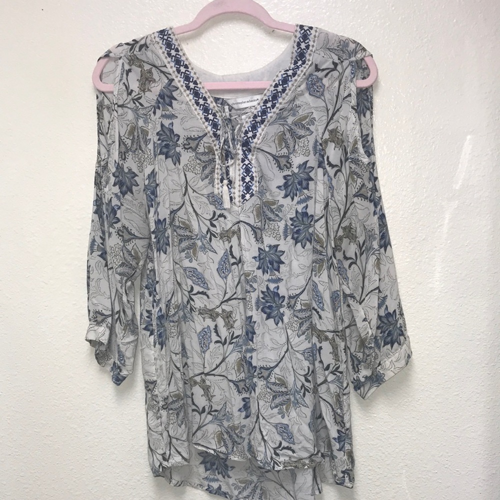 Christopher Banks Women’s Cold Shoulder Floral Peasant Boho 3/4 Sleeves Top XL